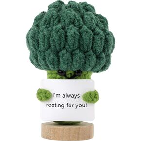 Positive Broccoli, Green Cute Warm Positive Knitted Toy with a Wood Stand Crochet Positive Vegetables with Encouraging Card Positive Support Dolls for Family Friends Relatives Classmates