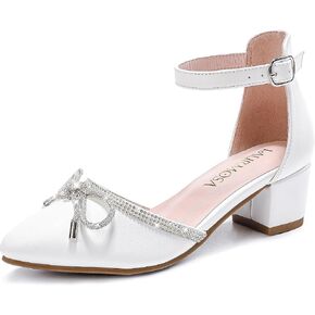 Girls Sandals Closed Toe High Heels Pointed Toe Ankle Strap Pumps Flower Girl Dressy Shoes in Wedding Party Cute Bowknot Chunky Block Heeled for Little Big Kids