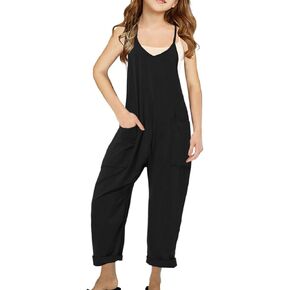 Girls' Casual Sleeveless Strap Loose JumpsuitsRomper Long Pants with Pockets