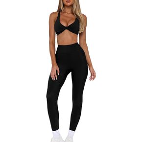 2 Piece Workout Sets for Women Twist Front Halter Crop Tops High Waisted Gym Yoga Leggings Two Piece Outfits