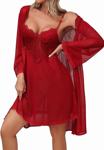 MakeMeChic Women's 2 Piece Lingerie Set Lace Mesh Robe and Nightdress Set Mesh Nightgown in Saudi Arabia