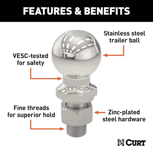 CURT 40050 Stainless Steel Trailer Hitch Ball, 2,000 lbs, 1-7/8-Inch Diameter, 3/4 x 2-1/8-Inch Shank in Saudi Arabia