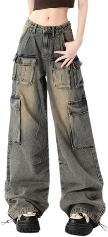 Baggy Cargo Pants for Women Girls Wide Leg Jeans Y2k Hip Hop Streetwear Low Rise Oversized Jeans Grunge Clothes Blue in Saudi Arabia