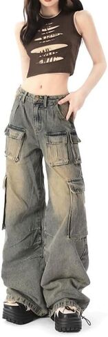 Baggy Cargo Pants for Women Girls Wide Leg Jeans Y2k Hip Hop Streetwear Low Rise Oversized Jeans Grunge Clothes Blue in Saudi Arabia