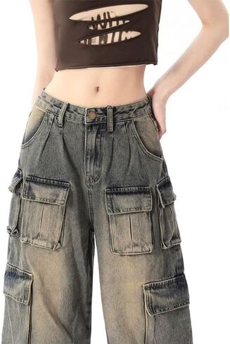 Baggy Cargo Pants for Women Girls Wide Leg Jeans Y2k Hip Hop Streetwear Low Rise Oversized Jeans Grunge Clothes Blue in Saudi Arabia