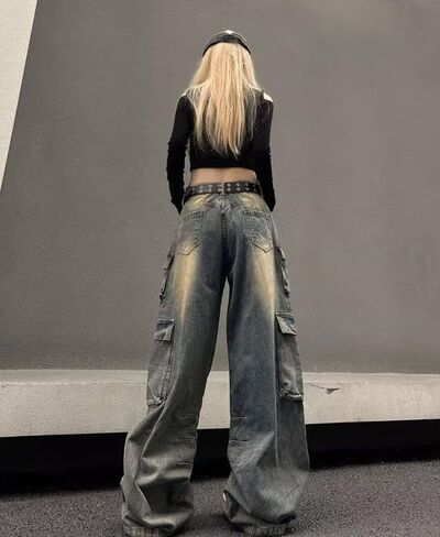 Baggy Cargo Pants for Women Girls Wide Leg Jeans Y2k Hip Hop Streetwear Low Rise Oversized Jeans Grunge Clothes Blue in Saudi Arabia