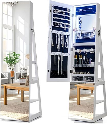 sogesfurniture خزانة مجوهرات بمرآة دوارة 360 درجة بطول كامل مع أضواء، خزانة مرآة واقفة، خزانة منظمة لتخزين المجوهرات قابلة للقفل، مرآة واقفة بطول كامل مع أرفف إضافية in Kuwait