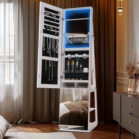 sogesfurniture خزانة مجوهرات بمرآة دوارة 360 درجة بطول كامل مع أضواء، خزانة مرآة واقفة، خزانة منظمة لتخزين المجوهرات قابلة للقفل، مرآة واقفة بطول كامل مع أرفف إضافية in Kuwait