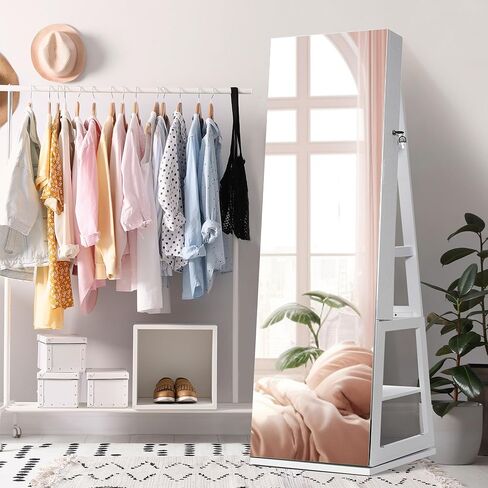 sogesfurniture خزانة مجوهرات بمرآة دوارة 360 درجة بطول كامل مع أضواء، خزانة مرآة واقفة، خزانة منظمة لتخزين المجوهرات قابلة للقفل، مرآة واقفة بطول كامل مع أرفف إضافية in Kuwait