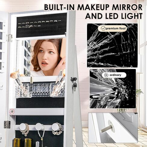 sogesfurniture خزانة مجوهرات بمرآة دوارة 360 درجة بطول كامل مع أضواء، خزانة مرآة واقفة، خزانة منظمة لتخزين المجوهرات قابلة للقفل، مرآة واقفة بطول كامل مع أرفف إضافية in Kuwait