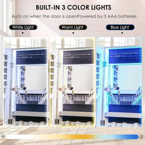 sogesfurniture خزانة مجوهرات بمرآة دوارة 360 درجة بطول كامل مع أضواء، خزانة مرآة واقفة، خزانة منظمة لتخزين المجوهرات قابلة للقفل، مرآة واقفة بطول كامل مع أرفف إضافية in Kuwait