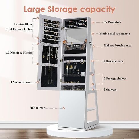 sogesfurniture خزانة مجوهرات بمرآة دوارة 360 درجة بطول كامل مع أضواء، خزانة مرآة واقفة، خزانة منظمة لتخزين المجوهرات قابلة للقفل، مرآة واقفة بطول كامل مع أرفف إضافية in Kuwait