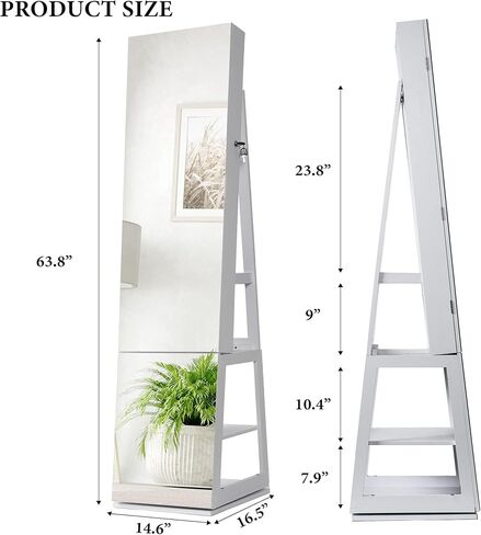 sogesfurniture خزانة مجوهرات بمرآة دوارة 360 درجة بطول كامل مع أضواء، خزانة مرآة واقفة، خزانة منظمة لتخزين المجوهرات قابلة للقفل، مرآة واقفة بطول كامل مع أرفف إضافية in Kuwait