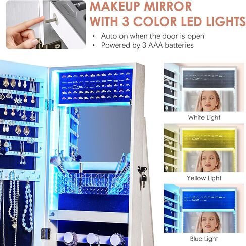 sogesfurniture خزانة مجوهرات بمرآة دوارة 360 درجة بطول كامل مع أضواء، خزانة مرآة واقفة، خزانة منظمة لتخزين المجوهرات قابلة للقفل، مرآة واقفة بطول كامل مع أرفف إضافية in Kuwait