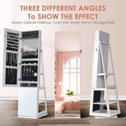 sogesfurniture خزانة مجوهرات بمرآة دوارة 360 درجة بطول كامل مع أضواء، خزانة مرآة واقفة، خزانة منظمة لتخزين المجوهرات قابلة للقفل، مرآة واقفة بطول كامل مع أرفف إضافية in Kuwait