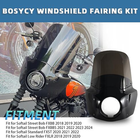 طقم الزجاج الأمامي للدراجات النارية، 5.75 بوصة للمصابيح الأمامية 15 بوصة للدراجة النارية المدخنة شوكات 48-58 مم مع وصلة تمديد مناسبة لـ Harley Softail Street Bob FXBB 2018-2020 FXBBS 2021-2024 FXST in Kuwait