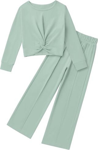 Girls Fall Outfits Fashion Solid Long Sleeve Twist Crop Tops and Wide Leg Pants Girls Clothing Set in Kuwait