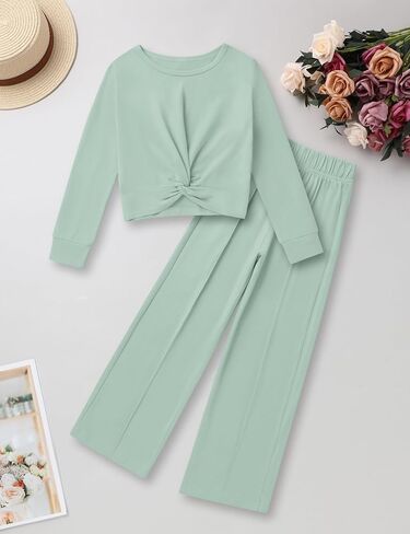 Girls Fall Outfits Fashion Solid Long Sleeve Twist Crop Tops and Wide Leg Pants Girls Clothing Set in Kuwait