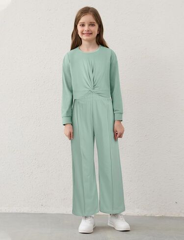 Girls Fall Outfits Fashion Solid Long Sleeve Twist Crop Tops and Wide Leg Pants Girls Clothing Set in Kuwait
