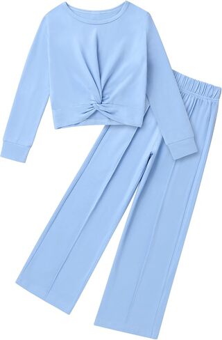 Girls Fall Outfits Fashion Solid Long Sleeve Twist Crop Tops and Wide Leg Pants Girls Clothing Set in Kuwait