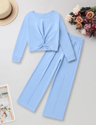 Girls Fall Outfits Fashion Solid Long Sleeve Twist Crop Tops and Wide Leg Pants Girls Clothing Set in Kuwait