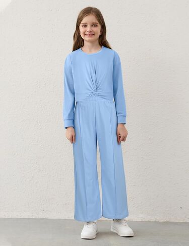 Girls Fall Outfits Fashion Solid Long Sleeve Twist Crop Tops and Wide Leg Pants Girls Clothing Set in Kuwait