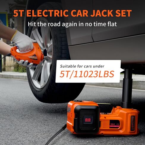 12IN1 Electric Car Jack 5 Ton - 11023 LBS Floor Jack Lift, Attachment Included Impact Wrench, Built-in Inflatable Pump, and LED Light, Garage Repair Car Tires Change for SUV MPV Sedan Truck in Saudi Arabia