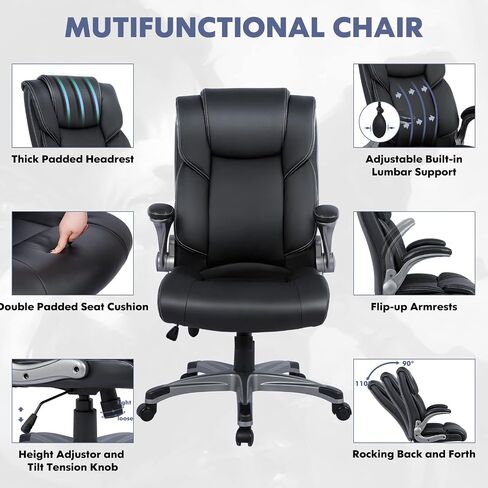 COLAMY Executive Office Ergonomic Chair with Thick Bonded Leather, Flip-up Armrests, High Back Adjustable Height and Tilt for Working, Study, Gaming in Saudi Arabia