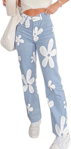 Women's Flower Print Y2K Fashion Wide Leg High Waist Denim Pants Boyfriend Jeans Loose Fit Vintage Jeans for Teen Girls in Saudi Arabia