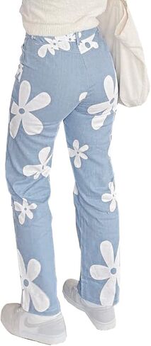 Women's Flower Print Y2K Fashion Wide Leg High Waist Denim Pants Boyfriend Jeans Loose Fit Vintage Jeans for Teen Girls in Saudi Arabia