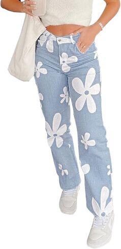 Women's Flower Print Y2K Fashion Wide Leg High Waist Denim Pants Boyfriend Jeans Loose Fit Vintage Jeans for Teen Girls in Saudi Arabia