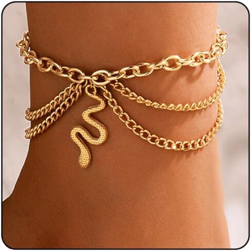 Ankle Bracelets for Women ,14k Gold Plated Waterproof Layered Cuban Figaro Link Chain Anklets Set,Glittering Rhinestone Heart Butterfly Starfish Shells Cherries Snakes Pendant Anklets for Girls in Saudi Arabia