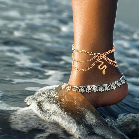 Ankle Bracelets for Women ,14k Gold Plated Waterproof Layered Cuban Figaro Link Chain Anklets Set,Glittering Rhinestone Heart Butterfly Starfish Shells Cherries Snakes Pendant Anklets for Girls in Saudi Arabia