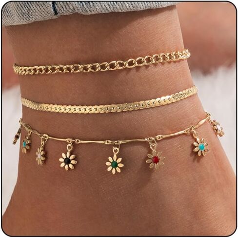 Ankle Bracelets for Women ,14k Gold Plated Waterproof Layered Cuban Figaro Link Chain Anklets Set,Glittering Rhinestone Heart Butterfly Starfish Shells Cherries Snakes Pendant Anklets for Girls in Saudi Arabia