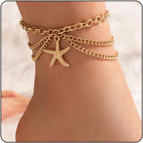 أساور الكاحل للنساء، مجموعة خلخال سلسلة فيجارو كوبية مطلية بالذهب عيار 14 قيراط مقاومة للماء، حجر الراين اللامع على شكل فراشة ونجم البحر وقذائف الكرز والثعابين قلادة الخلخال للفتيات in Kuwait