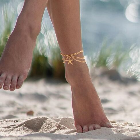 أساور الكاحل للنساء، مجموعة خلخال سلسلة فيجارو كوبية مطلية بالذهب عيار 14 قيراط مقاومة للماء، حجر الراين اللامع على شكل فراشة ونجم البحر وقذائف الكرز والثعابين قلادة الخلخال للفتيات in Kuwait