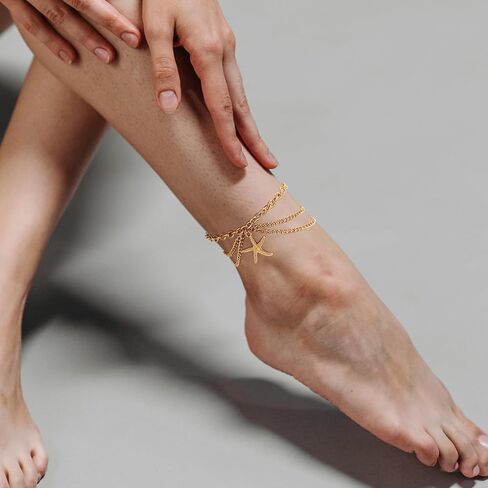 أساور الكاحل للنساء، مجموعة خلخال سلسلة فيجارو كوبية مطلية بالذهب عيار 14 قيراط مقاومة للماء، حجر الراين اللامع على شكل فراشة ونجم البحر وقذائف الكرز والثعابين قلادة الخلخال للفتيات in Kuwait