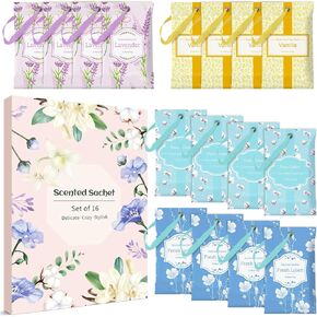 LA BELLEFÉE Scented Sachets for Drawer and Closet, 16 Packs Long-Lasting Sachets Bags, Home Fragrance Perfume Sachets 4 Scents - Fresh Linen, Lavender, Vanilla, Pure Cotton