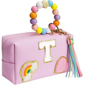 Initial Preppy Makeup Bag Girls, Personalized Portable Monogram Travel Cosmetic Bag with Keychain Bracelet, Cute Makeup Pouch PU Leather Toiletry Bag, Preppy Stuff Gift for Girls