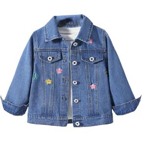WDIRARA Girl's Floral Embroidery Button Front Denim Jacket Long Sleeve Outerwear Casual Coat