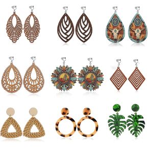 9 Pairs Clip on Earrings for Women Boho Fashion Jewelry Vintage Statement Drop Dangle Bohemian Boho Earrings Set Non-Pierced Fake Earrings Wooden African Earrings for Black Women (A Style)