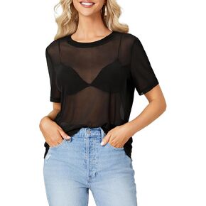 Rooscier Women's Sheer Mesh Short Sleeve Round Neck See Through Sexy Blouse Shirt Top