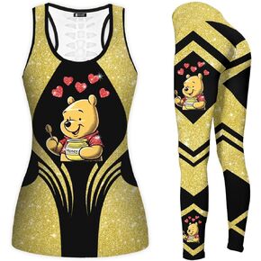 Funny Bear Print Women's Yoga Set, Cartoon Character Workout 2 Pieces for Women, Casual Tank Top Legging Set