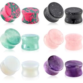 Longbeauty 12Pcs Natural Stone Ear Gauges Plugs Saddle Double Flared Stone Plugs Gauges for Men Women Ear Piercing Jewelry 2g-5/8