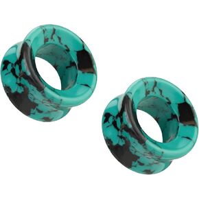 Pierced Owl Teal and Black Turquoise Synthetic Stone Double Flared Tunnels, Sold as a Pair