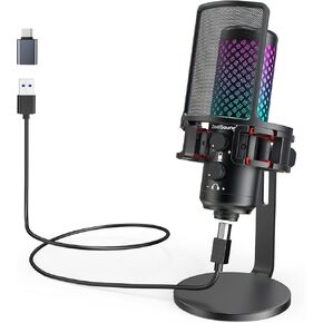 ZealSound Gaming USB Microphone for iPhone Phone PC, All Metal Microphones with Quick Mute, RGB Indicator, Pop Filter, Shock Mount, Gain Control for Computer Streaming Discord Twitch Podcasts Videos