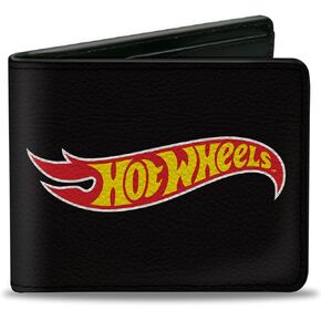 محفظة Mattel، ثنائية الطي، شعار Hot Wheels Classic Flame أسود أحمر أصفر، جلد نباتي