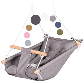 CaTeam - Canvas Kids Swing, Wooden Hanging Swing Seat Chair with Safety Belt, Durable Toddler Swing Chair, Outdoor and Indoor Swing for Kids, Mounting Hardware Included, Gray Blue