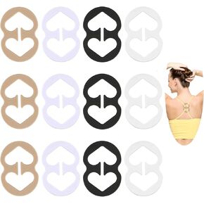 12 PCS 8-Character Bra Strap Clips for Racerback Bra Strap Clips Anti-Slip Buckles Conceal Straps for Back for Women Cross Back Convertors Adjustable Bra Straps (Black, White, Beige, Clear)