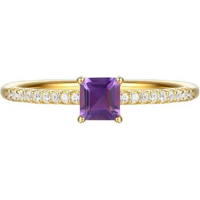 Square Gemstone and Diamond Accent Ring, 14K Yellow Gold Plated Rose Gold Plated Sterling Silver Band, Solitaire Ring, Dainty Rings for Women, Thin Birthstone Rings - 0.07 CTTW (4mm stone)